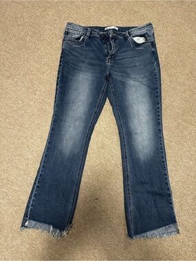 KanCan Dark Blue Frayed Hem Wide Leg Jeans
